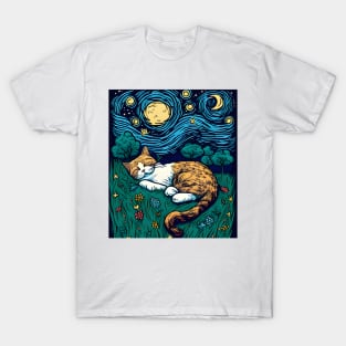 Starry Night Cat by Vincent van Gogh - Cute Cat T-Shirt